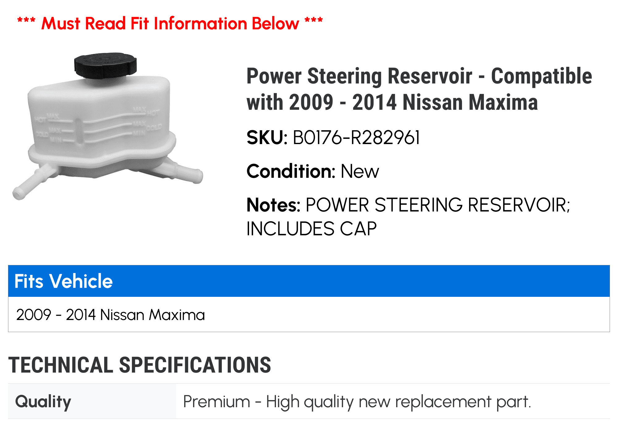 Power Steering Reservoir - Compatible with 2009 - 2014 Nissan Maxima 2010 2011 2012 2013