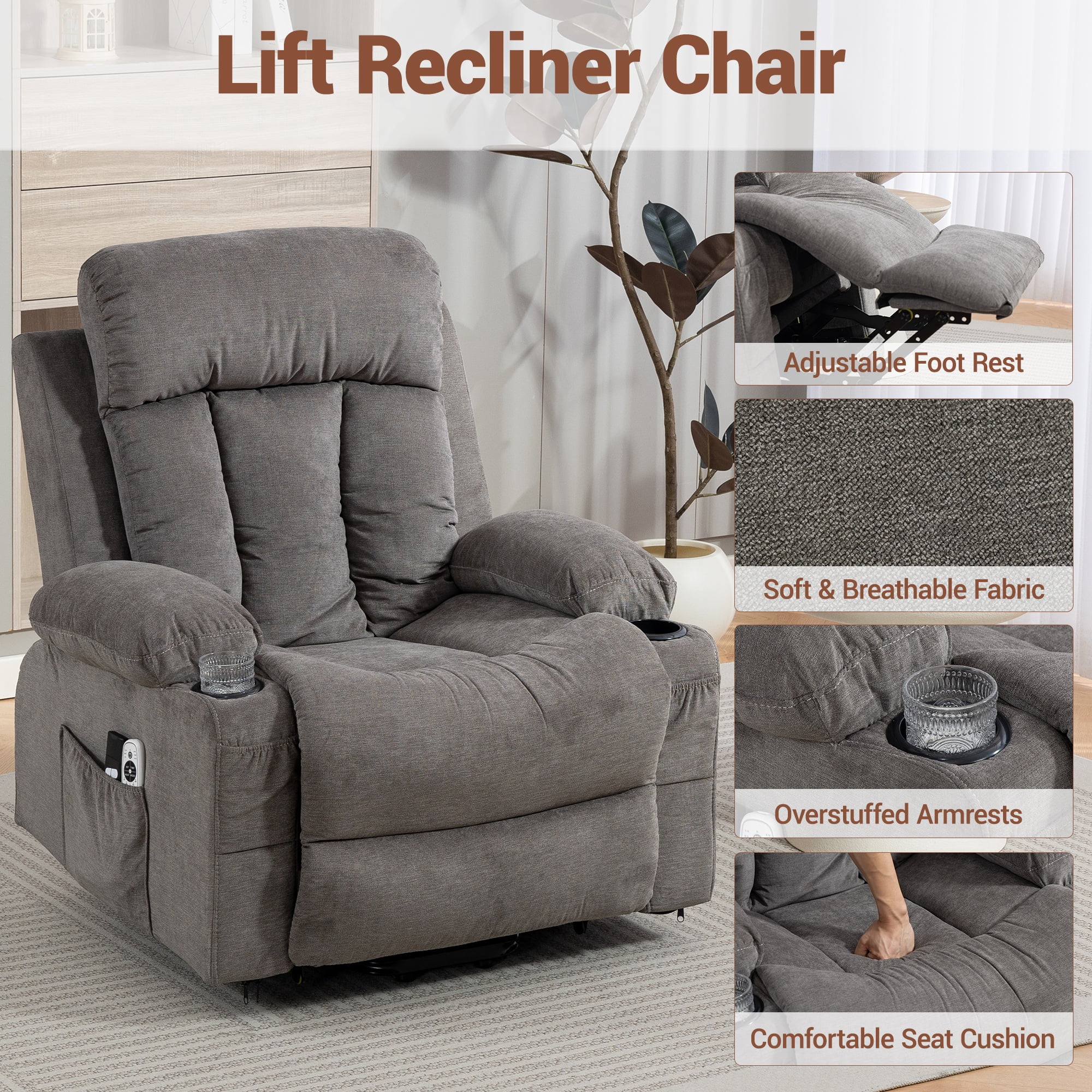 DELMANGO Power Lift Recliner Chair for Elderly, Electric Oversized Reclining Sofa with Vibration Massage & Heat, Cup Holder and USB Charging Port for Living Room, Grey