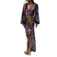 thumbnail image 1 of Coduop Women High Split Long Dress Tropical Print Lantern Sleeve Bodycon Dress Sundress, 1 of 9