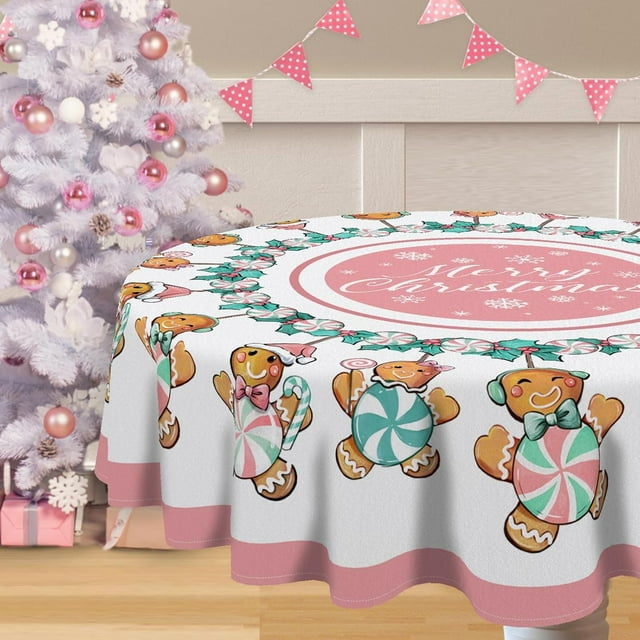 Merry Christmas Gingerbread Man Round Tablecloth 60 x 60 Inch, Pink Xmas Peppermint Candy Decorative Table Cloth Dining Table Cover, Snowflake Holiday Dinner Party Picnic Decoration