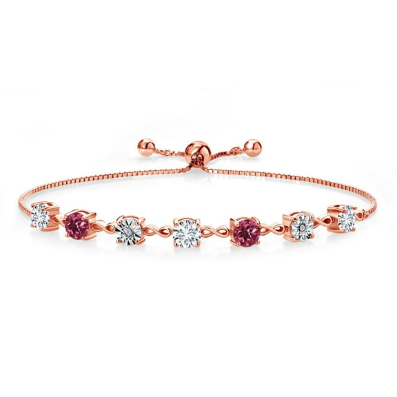 Gem Stone King 2.55 Ct and E-F Lab Grown Diamond Pink Tourmaline 18K Rose Gold Plated Silver Tennis Bracelet for Women (Fully Adjustable up to 9 inch)