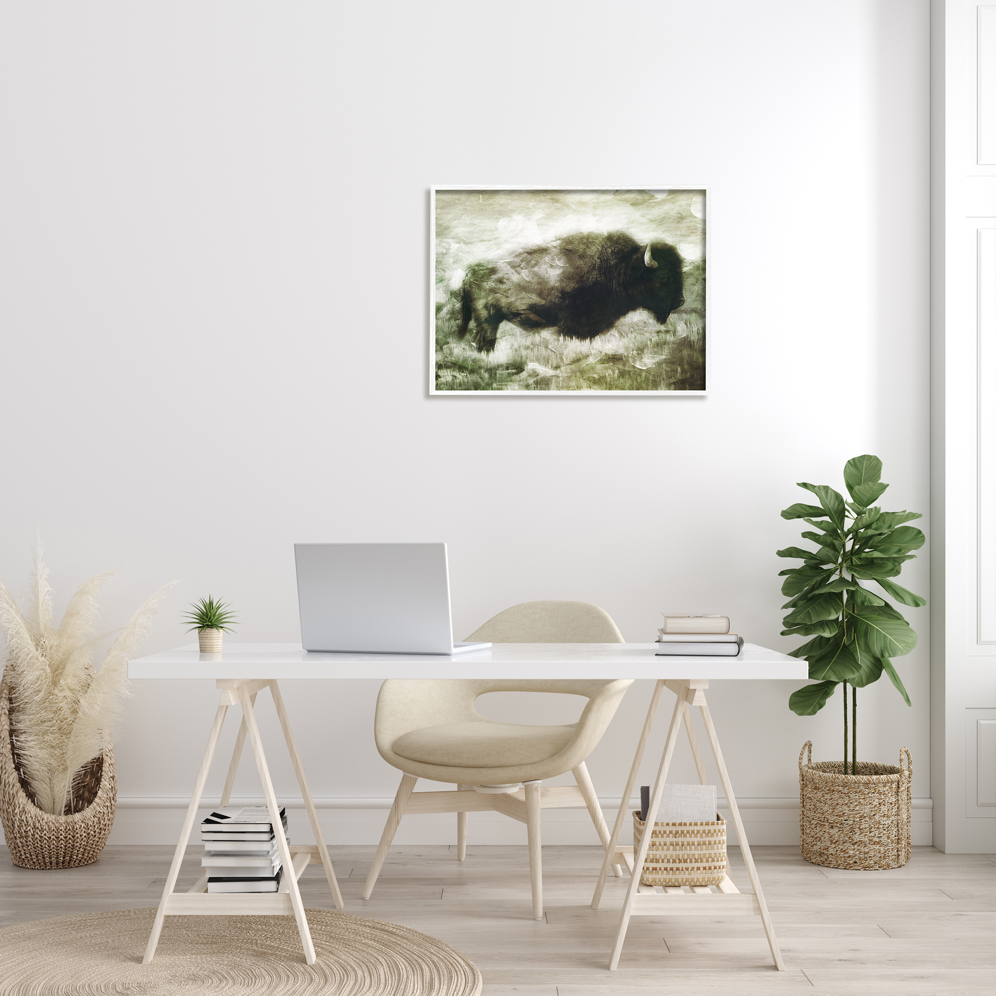 Stupell Industries Vintage Buffalo in Distressed Rustic Field Country Animal Animals & Insects Painting White Framed Art Print Wall Art, 24 x 30