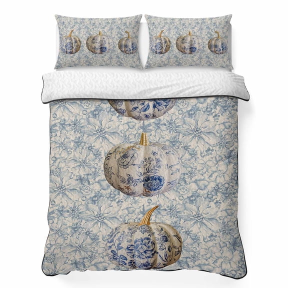Twin Quilt Bedding Set, Blue and White Porcelain Pumpkin Soft Microfiber Summer Bedspread Coverlet with 2 Pillow Shams for All Season, Flower Texture on Burlap Breathable Bedding Set for Hot Sleepers