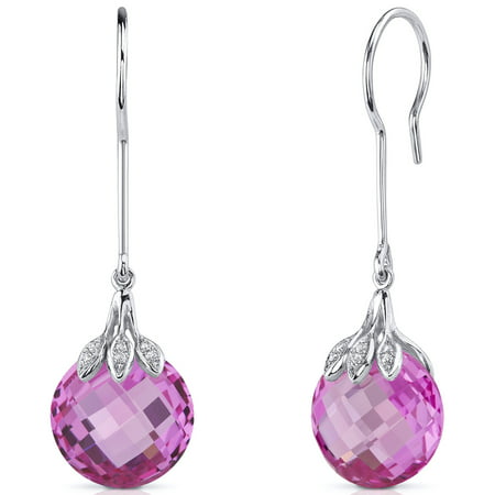 Peora 19.00 Ct Double Sided Checker Cut Pink Sapphire Sterling Silver Drop Earrings Rhodium Finish