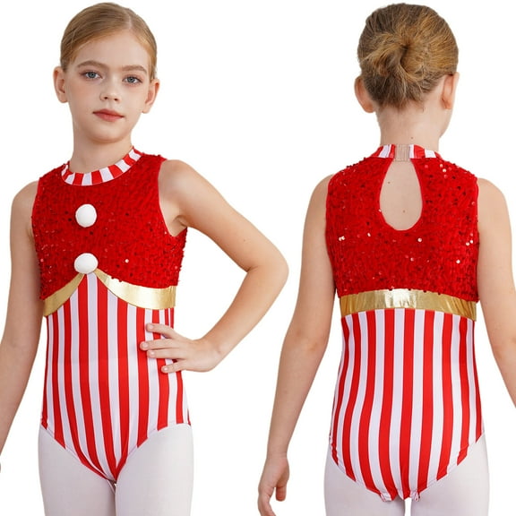 TiaoBug Kids Girls Christmas Santa Elf Costume Dance Leotards Sleeveless Striped Sequins Skating Jumpsuit Red 8