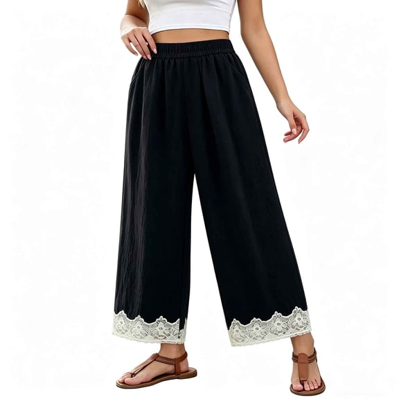 hlysgo Wide Leg Pants Fashion Lace Hem Elastic Waist Uniform Pants Summer Streetwear Palazzo Slacks with Pockets Black,M