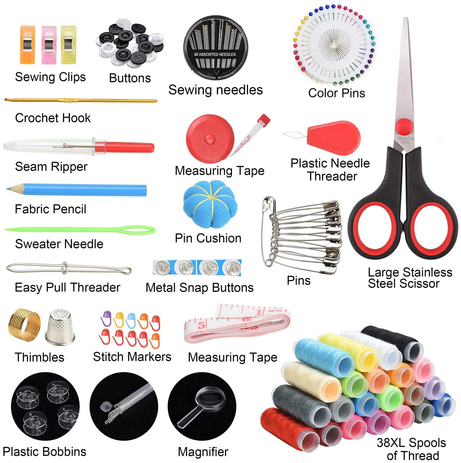Sewing Kit 184 Large Premium Supplies 38 XL Thread Spools Suitable for Traveller Adults Kids Beginner Emergency DIY and Home Button Repair Kit