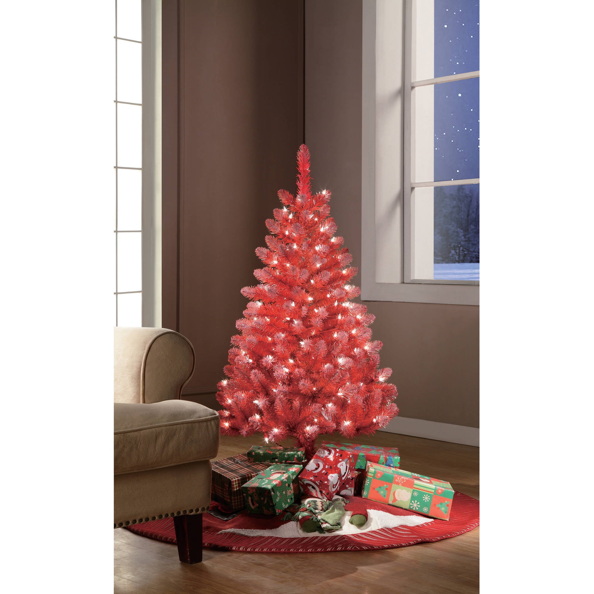 Holiday Time Pre-Lit 4' Red Tinsel Artificial Christmas Tree, Clear