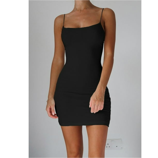 Color sólido verano falda de tirantes delgada sin tirantes sexy vestido elástico Eccomum Negro L