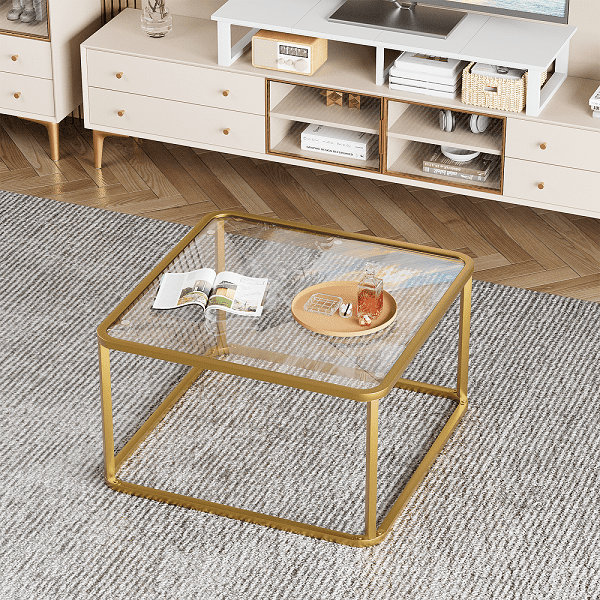 Coffee Table Glass, Minimalist Square Tables for Living Room, Modern Center Table for Office or Small Space, Tempered Glass, Sturdy Metal Frame, Easy Assembly, 26.4 x 26.4 x 15.7 Inches Gold