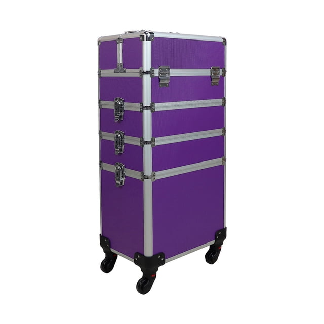 torre cosmetiquera 4 en 1 neceser belleza maquillaje pro morada torre cosmética vertical morada con acabado en aluminio, vista frontal 3/4; cuatro charolas desplegables y caja principal con 5 compartimientos, broches metálicos con 2 llaves incluidas, esquinas de acero reforzado, agarradera ajustable y 4 ruedas giratorias negras para traslado; también suele usarse como organizador portátil para herramientas de belleza.