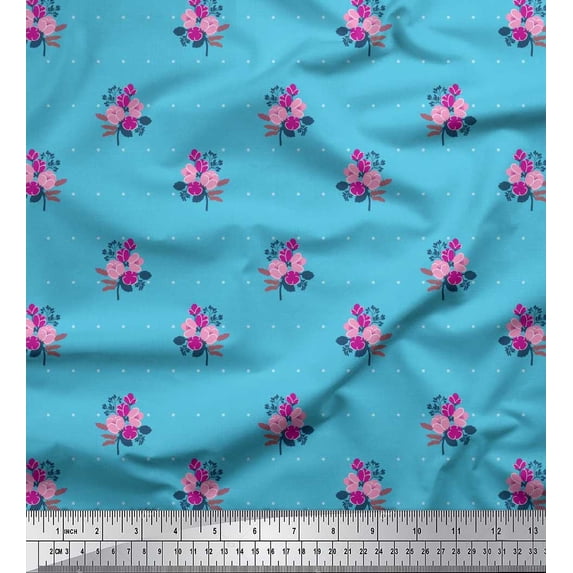 Soimoi Blue Cotton Duck Fabric Dot,Leaves & Floral Artistic Print Sewing Fabric Yard 42 Inch Wide