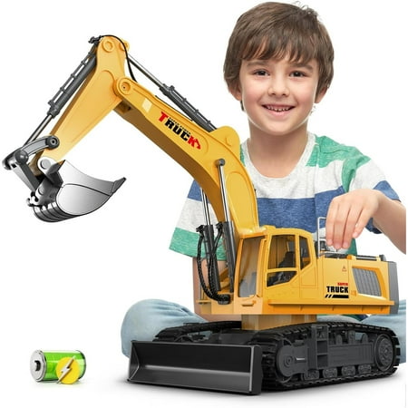 SQDWYGUO 21" Remote Control Excavator Toy with Metal Bucket & Dozer Blade, 15-Channel RC Excavator for Boys 6 Kids Adults Construction Vehicles Christmas Birthday Gift, 120 Mins/Spray/Sound/Light
