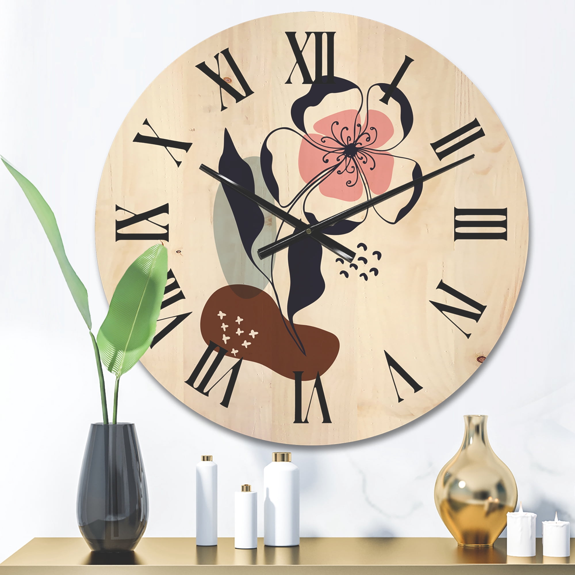 Designart 'Abstract Minimal Shapes Under Flowers IV' Modern Wood Wall Clock
