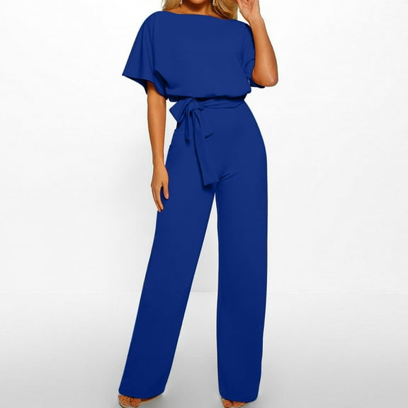 Homenesgenics Dresses for Women Womens Dresses Summer Women Short Sleeve Color Playsuit Clubwear Straight Leg Jumpsuit with Belt Blue L