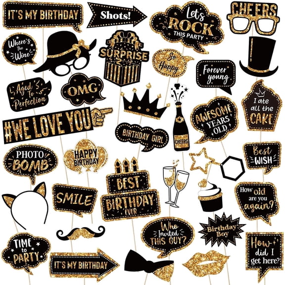 TAVENE Birthday Photo Booth Props 36 Pcs, Funny Selfie Decor for Graduation Wedding 40th 50th 60th Party