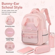 Girls School Backpack Lightweight Water-Repellent Bookbag with 3D Bunny Ears,School Bag with Reflective Stripes