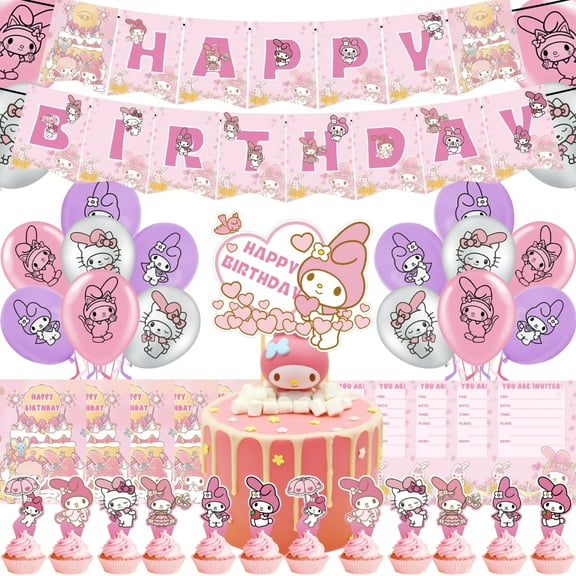 My Melody Theme Cartoon style Birthday Decoration Kits，Party Supplies Including Banner, Balloons, Cake Toppers, Cupcake Toppers，Invitation Cards.