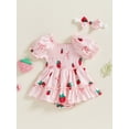 thumbnail image 3 of Baby Toddler Girls Rompers Dress 3 6 9 12 18 Months Strawberry Print Short Sleeve Skirt Hem Infant Bodysuits Jumpsuits with Headband, 3 of 9