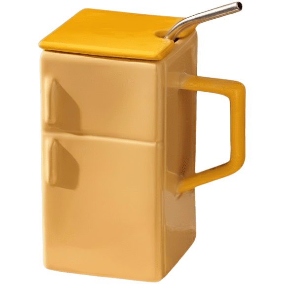Retro Refrigerator Design Ceramic Mug with Lid, 18.6 fl oz / 550 ml Sunflower Yellow Straw Water Cup, 3 x 5.3 in / 7.5 x 13.5 cm Unique Office Coffee Mug, Creative Gift for Home