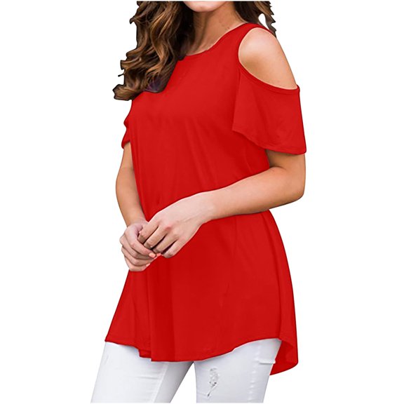 Off Shoulder Tops for Women Trendy Fashion Crew Neck Shirts Casual Short Sleeve Solid Blouses Summer Loose Comfy Tees Ladies Going Out Tops