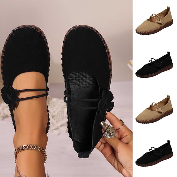 Miluxas Women’s Suede Floral Mary Jane Flats, Hand Stitched Soft Slip On Walking Loafers, Thin Elastic Strap Casual Moccasins Brown 9.5(43)