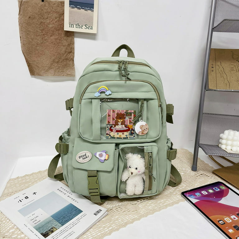 FunnyBeans Kawaii Backpack with Bear Pendant, Aesthetic Canvas
