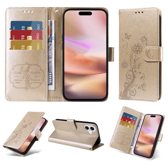 Compatible with iPhone 16 Plus Wallet Case with Card Holder & Cash Slot [RFID Blocking],Wallet Wristlet Pressed Butterfly Flower PU Leather Magnetic Flip Folio Cover for Women Men,Gold