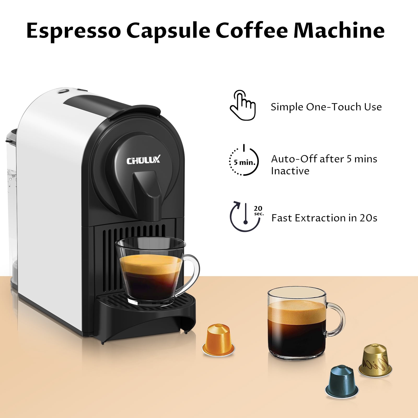 CHULUX Espresso Machine, 20 Bar Espresso Maker for Nespresso Original Pods with 24OZ Removable Water Tank, 1400W