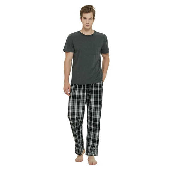 Men Cotton Pajama For Men Lightweight Plaid Soft Nightwear Short Sleeves PJS With Pockets