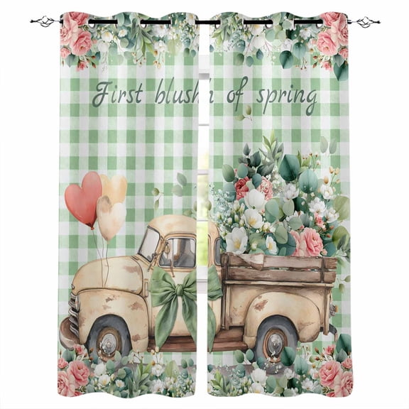 Eucalyptus Trucks Blackout Curtains for Bedroom, Spring Farmhouse Floral Sage Green Plaid Thermal Insulated Kitchen Drapes with Grommets, Light Blocking Window Treatment, 2 Panels 42" x 63"