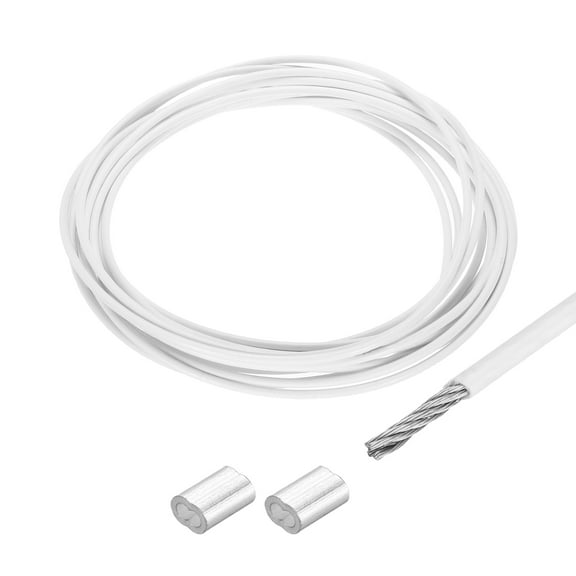 16Ft Wire Rope 304 Stainless Steel Cable 1/8" Vinyl Coated with 2pcs Aluminum Sleeves White