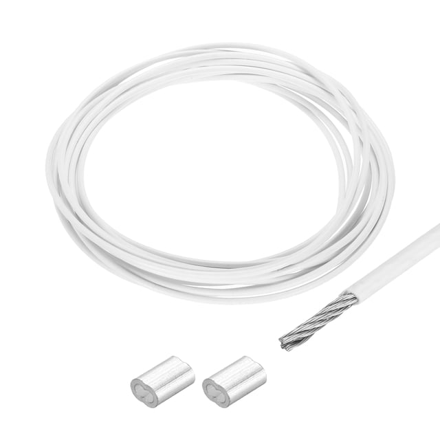16Ft Wire Rope 304 Stainless Steel Cable 1/8" Vinyl Coated with 2pcs Aluminum Sleeves White