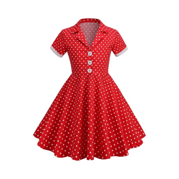 YOUYEDIAN Kids Notch Lapel 50s Dress for Girls Vintage Retro 1950s Polka Dot Dress for Girls 50's Swing Dress (Red, 4-5 Years)