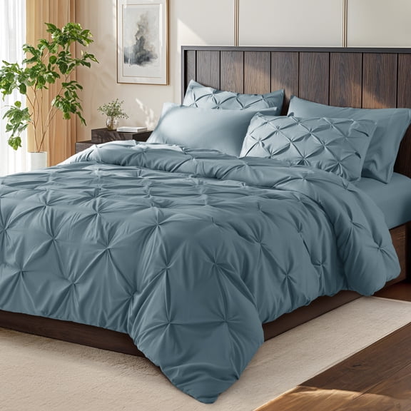SONORO KATE King Comforter Set, 7 Pieces Bedding Sets for All Season, Bed in a Bag with Pleated Comforter - Flat Sheet & Fitted Sheet - Pillowcases & Shams, Gray Blue