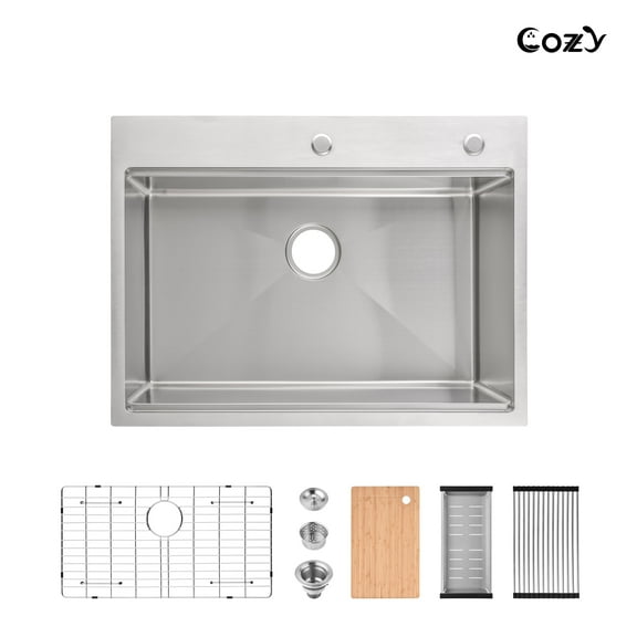 Stainless Steel Kitchen Sink, 30″x22″, Single Bowl Overmount Handmade Sink in Brushed Finish, 1 Count, with Cutting Board, Colander, Grid, Model SS-BR-08