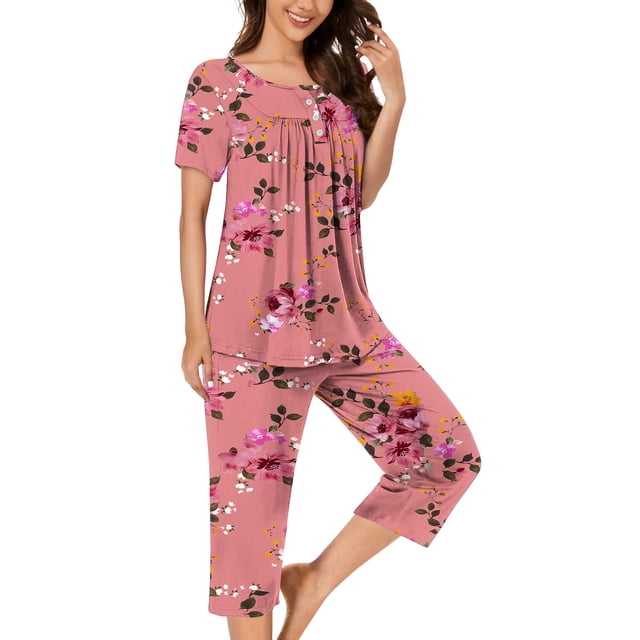 Pisexur Pyjama pour Femmes Ensemble, Pyjama pour Femmes, Chemisier Décontracté à Boutons Col Rond Manches Courtes Mode Poches Pantalon Pyjama Costume Rose, P