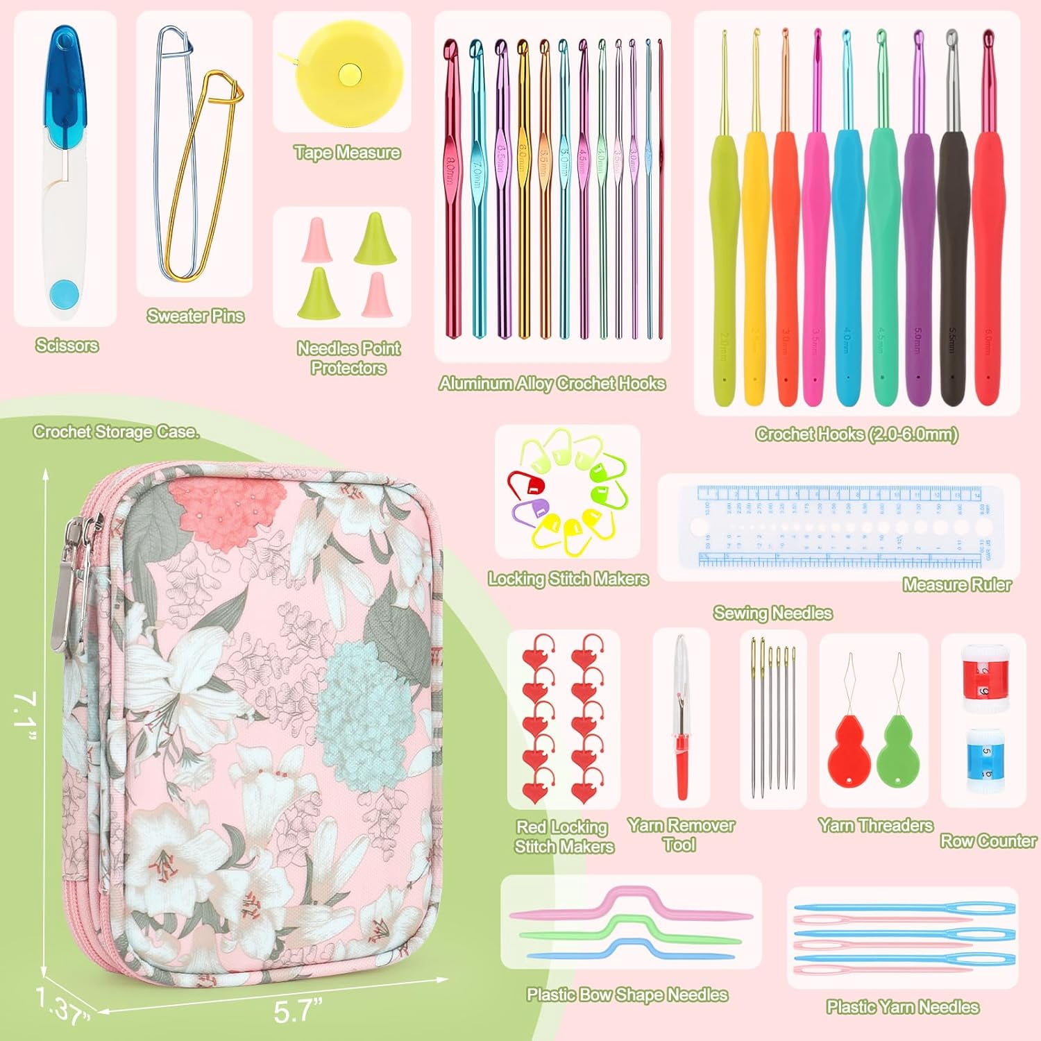Crochet Hooks Set with Case, 73-Piece Crochet Hooks Kit Ergonomic Aluminum Alloy Crochet Hook Colorful Crochet Needles for Making Socks, Gloves, Bag, Hat, Sweater