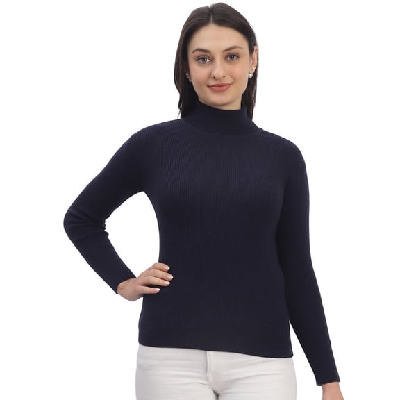 Cavardi Casual Women's High Neck Ribbed Top – Navy | Free Size