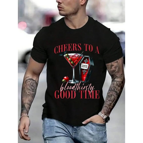 100 Cotton Graphic Tees Martini Halloween Cocktail Drinks Lovers Gift Party T-Shirt Crew Neck Short Sleeve T-Shirt, Casual Print Graphic Cotton Tees Men Tops