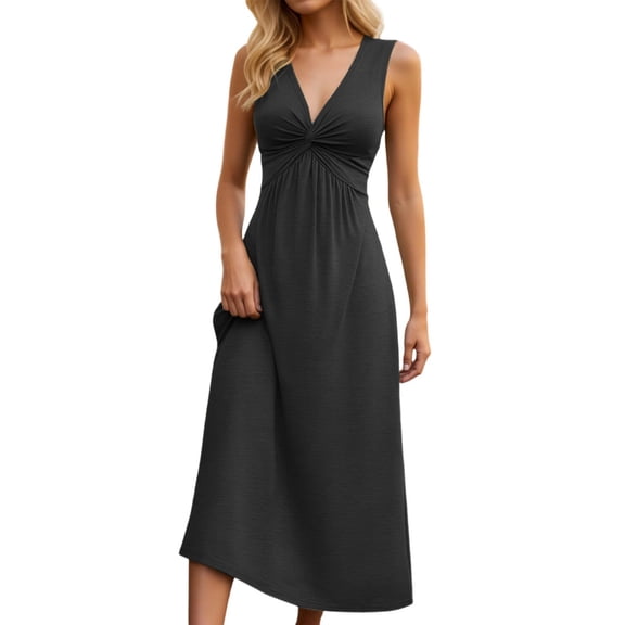 Maxi Dresses for Women Solid Color Sleeveless V Neck Waist Flowy Pleated Skirt Party Evening Dress Black L