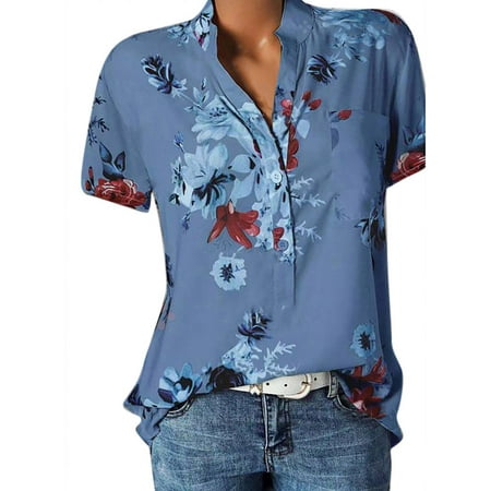 Womens Printing Pocket Short Sleeve Blouse | Walmart Canada