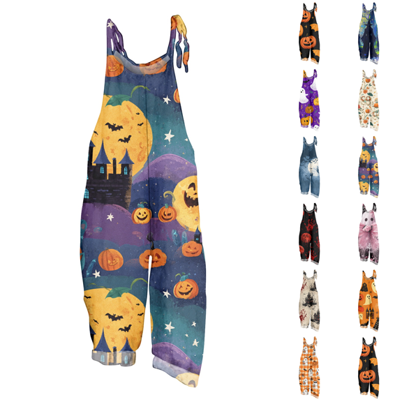 Halloween Jumpsuits for Women Linen Spaghetti Straps Wide Leg Overalls Floral Print Long Rompers