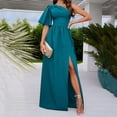 thumbnail image 1 of Robes Grande Taille pour Femmes Automne Couleur Unie Épaule Volantée Fendue Manches Courtes Robe en Solde, 1 of 8