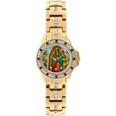 Gold Tone Floating Crystal Watch - Lady of Guadalupe Graphic Dial Crystal Accented Gold-Tone Watch