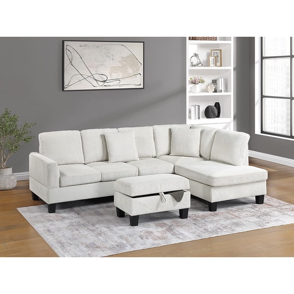 3-Piece Sectional w Storage Ottoman Beige Corduroy Fabric Upholstered RAF Chaise LAF Sofa Lounge Sectionals Living Room