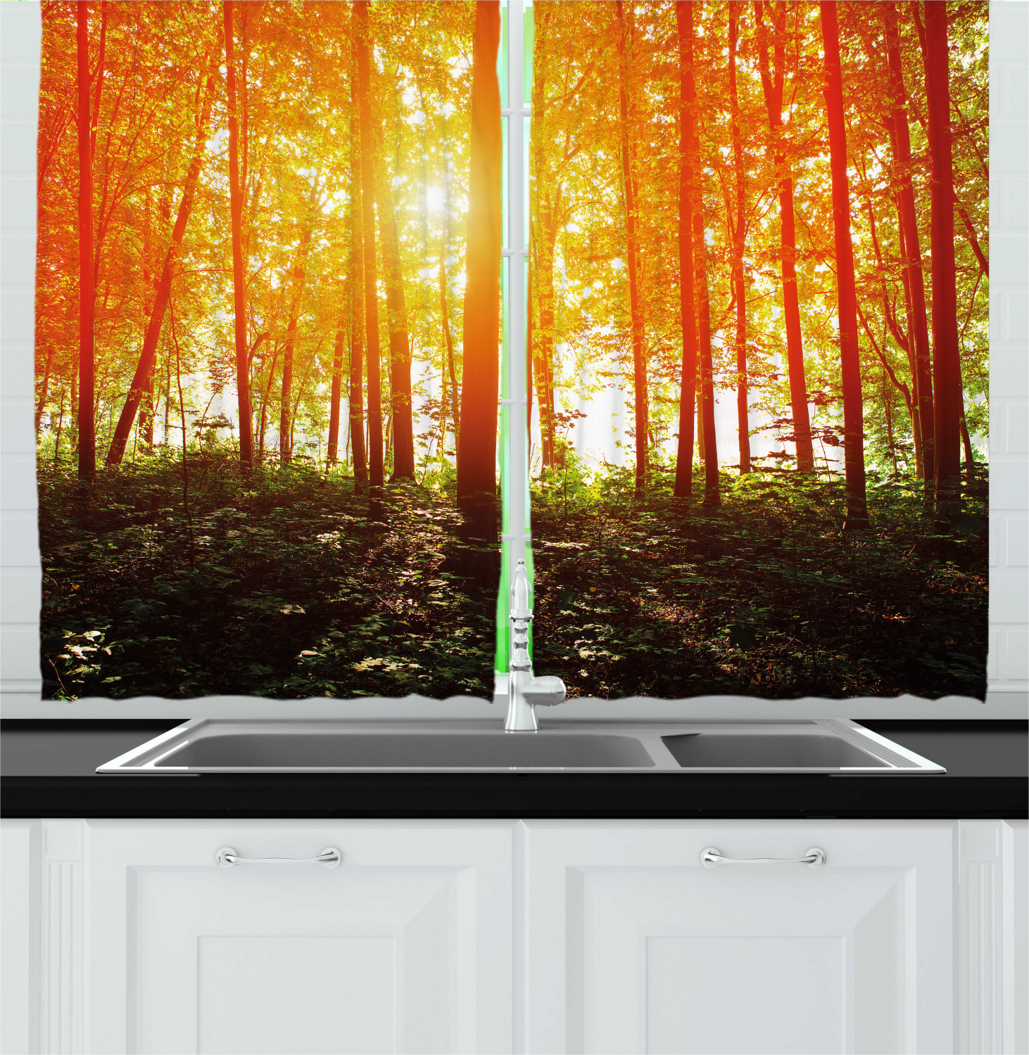 Nature Curtains 2 Panels Set, Foggy Forest Scenery with Sunrays