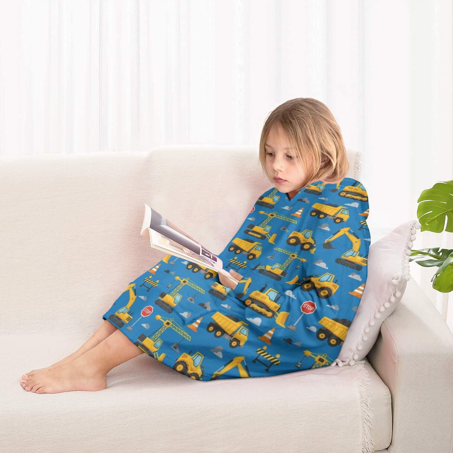 Cartoon Construction Vehicles Barriers Blue Pattern Blanket Hoodies for Kids 6-13YR Oversize Wearable Blanket Hoodies for Boys Girls Teens