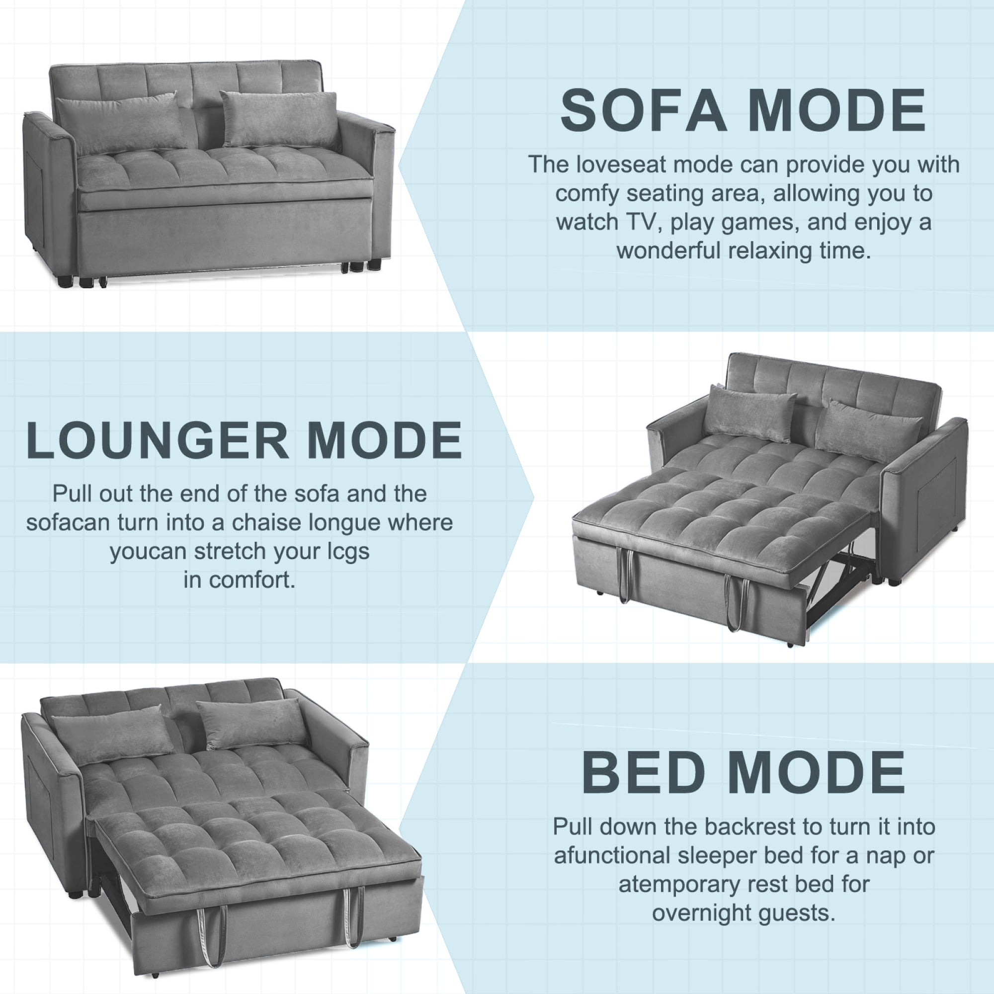 Jopath 3 in 1 Convertible Sofa Bed,Modern Pull Out Couch Slepper Bed with Adjustable Backrest,Velvet Loveseat Couch with Pillows & Pockets for Living Room Apartment Office,Dark Gray