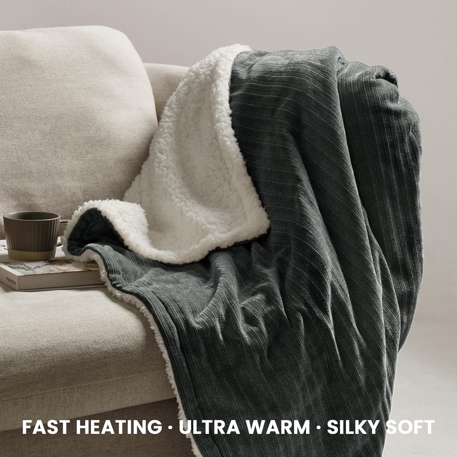 BAO Heated Throw Blanket, 50"x60"Ultra Soft Cozy Chenille Electric Blanket with 10 Heating Levels & 2-10H Auto-Off, Fasting Heating for Couch/Bed, ETL Certified, Machine Washable(Grey)